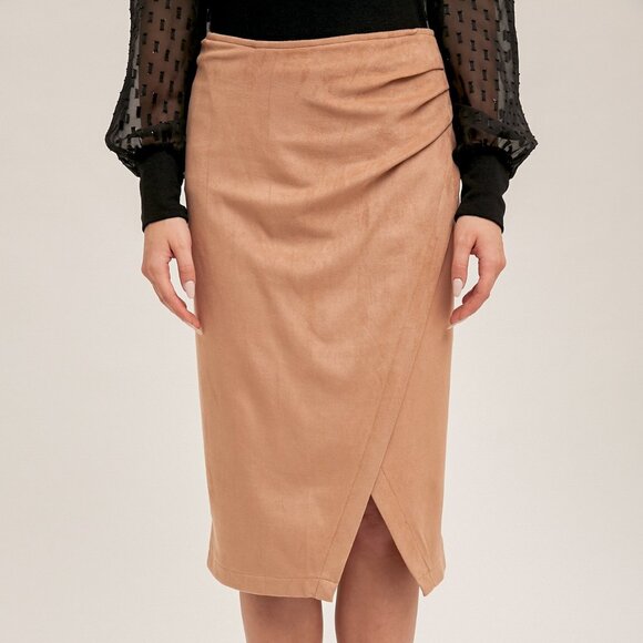 HEM & THREAD Camel Faux Suede Wrap Midi Pencil Skirt Chic Neutral Workwear - Picture 2 of 5